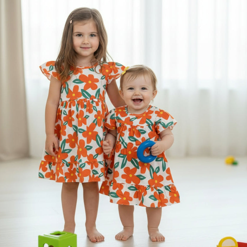 Baby Girl Orange Floral Cotton Summer Dress with Ruffle Hem