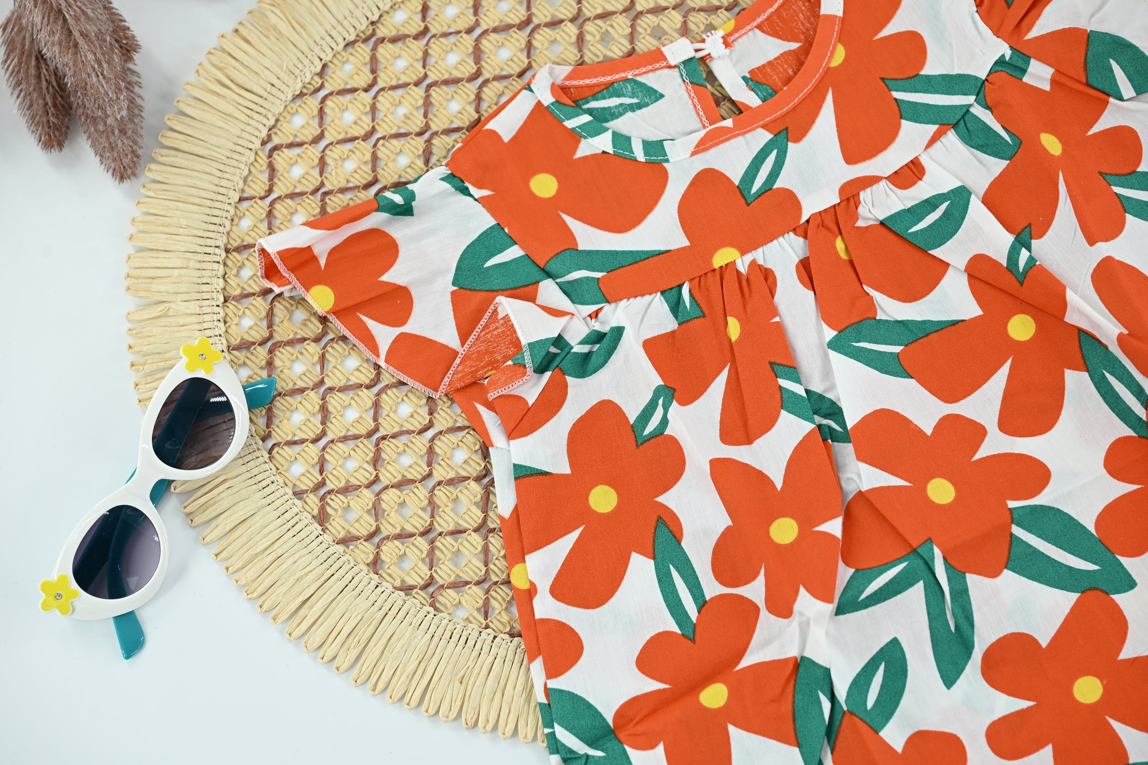 Baby Girl Orange Floral Cotton Summer Dress with Ruffle Hem