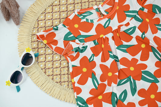 Baby Girl Orange Floral Cotton Summer Dress with Ruffle Hem