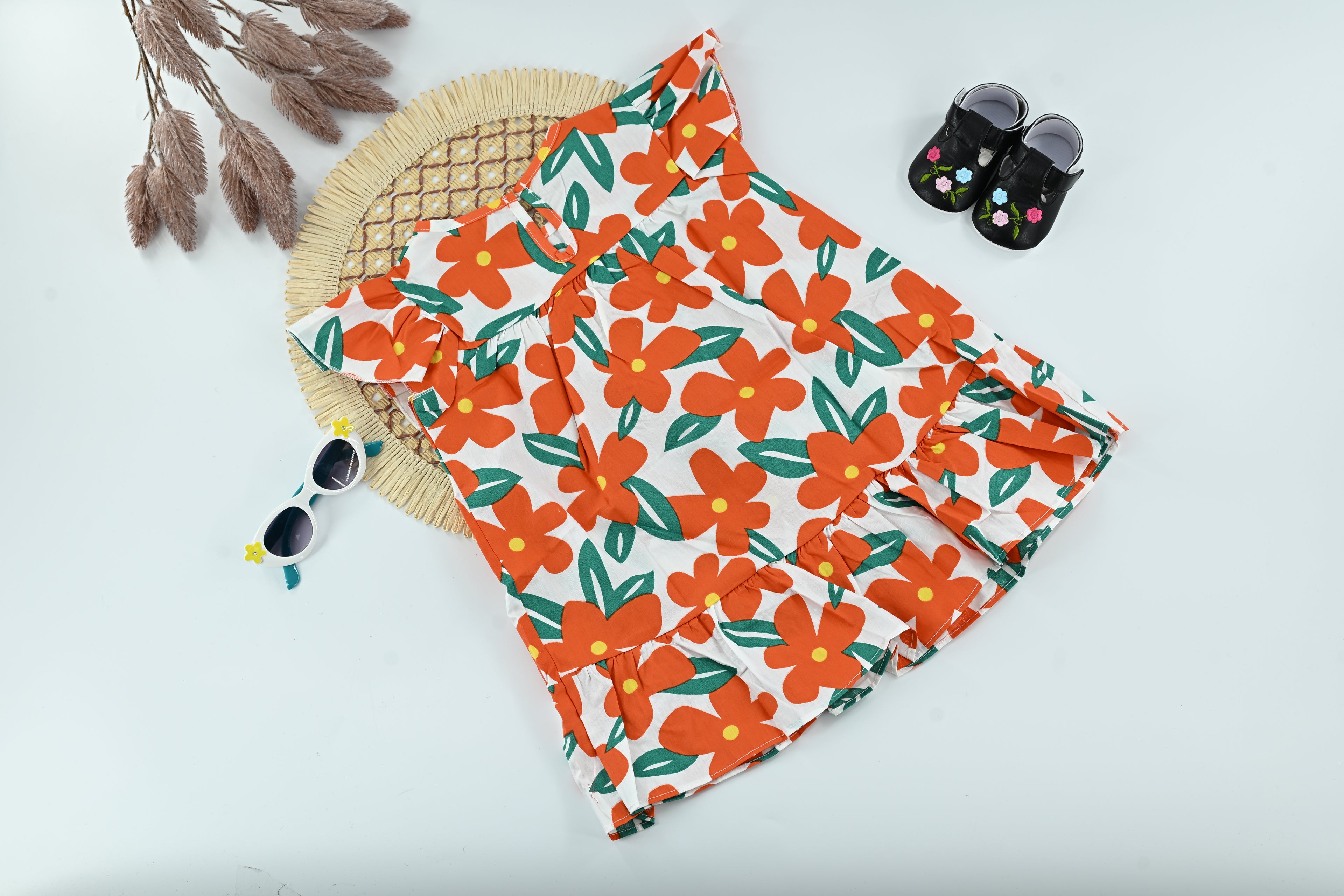 Baby Girl Orange Floral Cotton Summer Dress with Ruffle Hem