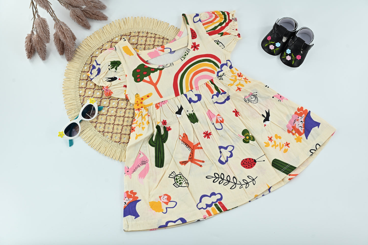 Baby Girl Rainbow & Garden Print Cotton Summer Dress