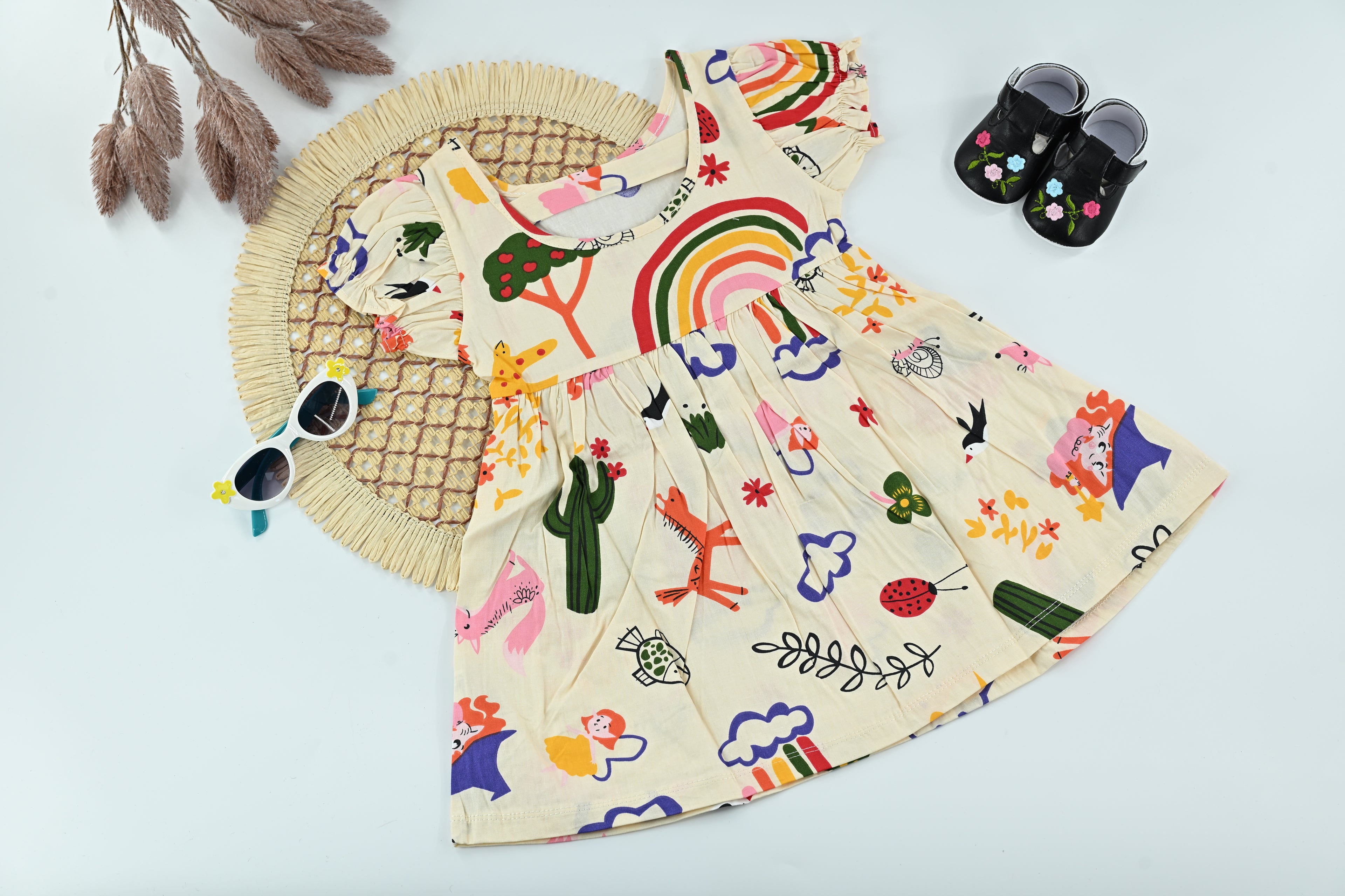 Baby Girl Rainbow & Garden Print Cotton Summer Dress