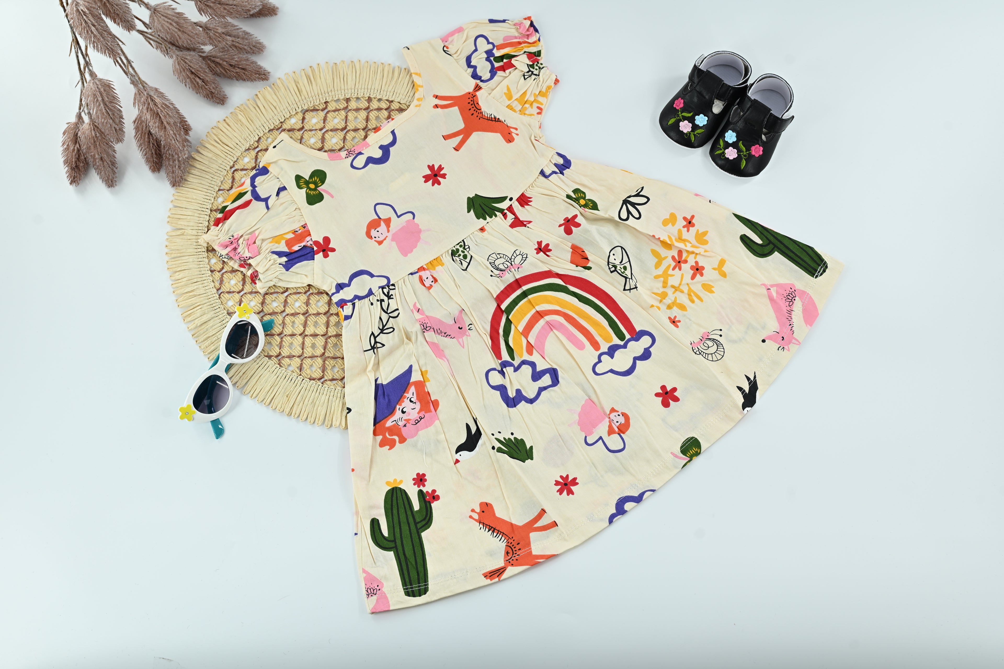 Baby Girl Rainbow & Garden Print Cotton Summer Dress