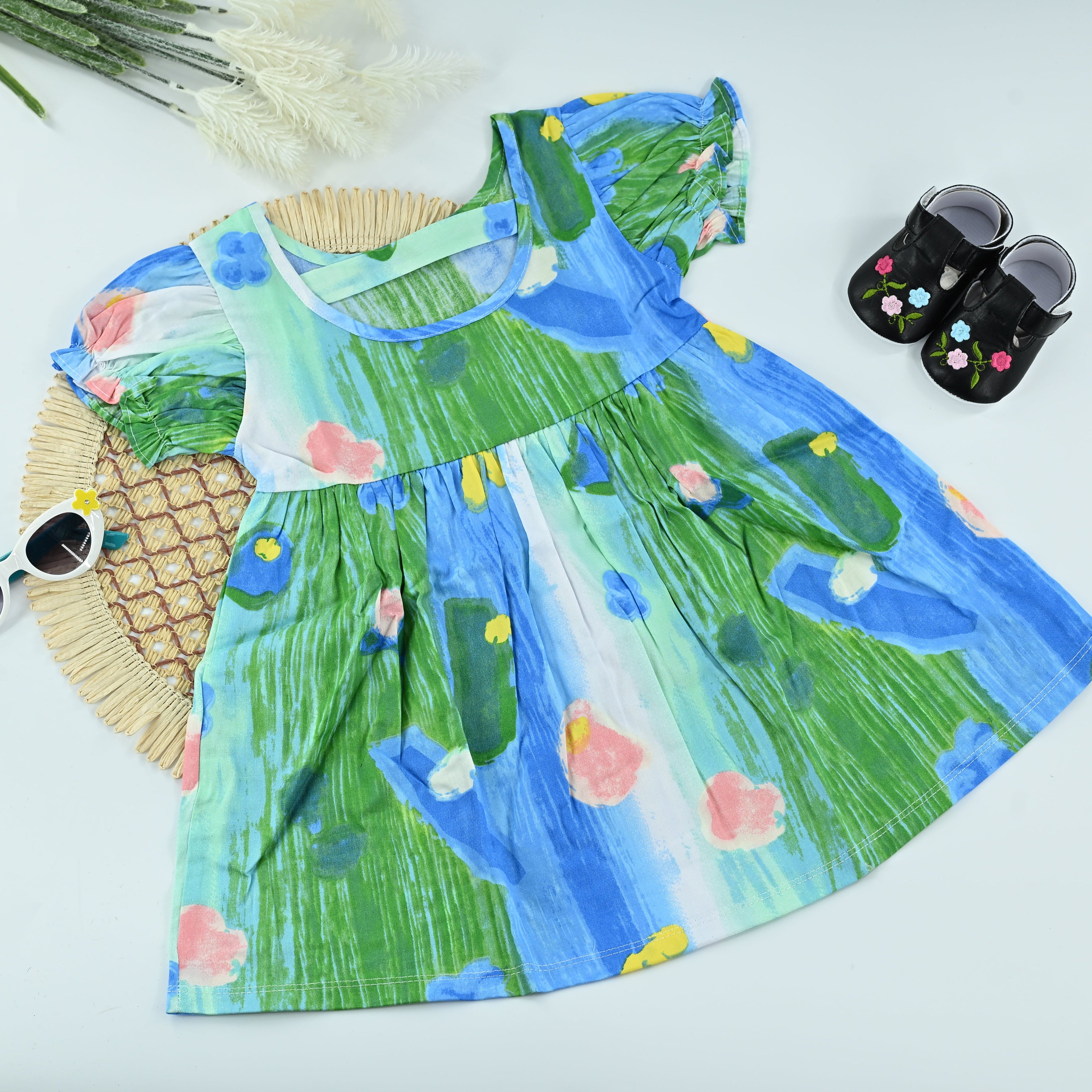 Aqua Bloom Cotton Girls Everday Dress