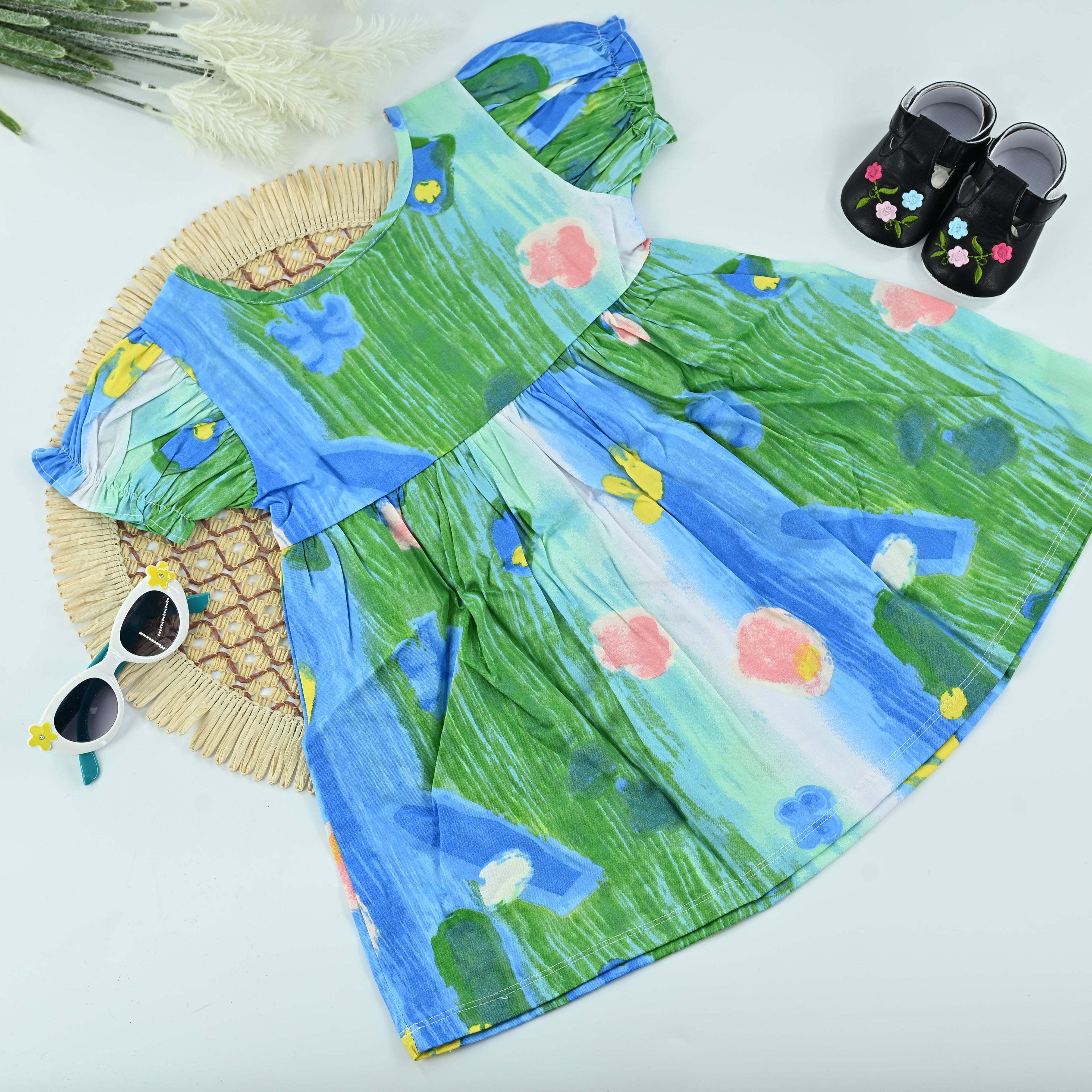 Aqua Bloom Cotton Girls Everday Dress