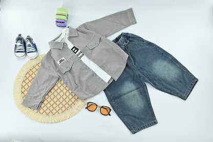 Stylish Boys Casual 3 Piece Outfit Set with Corduroy Jacket | Denim Pants | Cotton T-Shirt