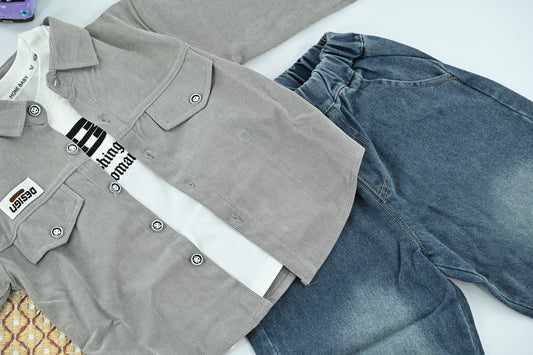 Stylish Boys Casual 3 Piece Outfit Set with Corduroy Jacket | Denim Pants | Cotton T-Shirt