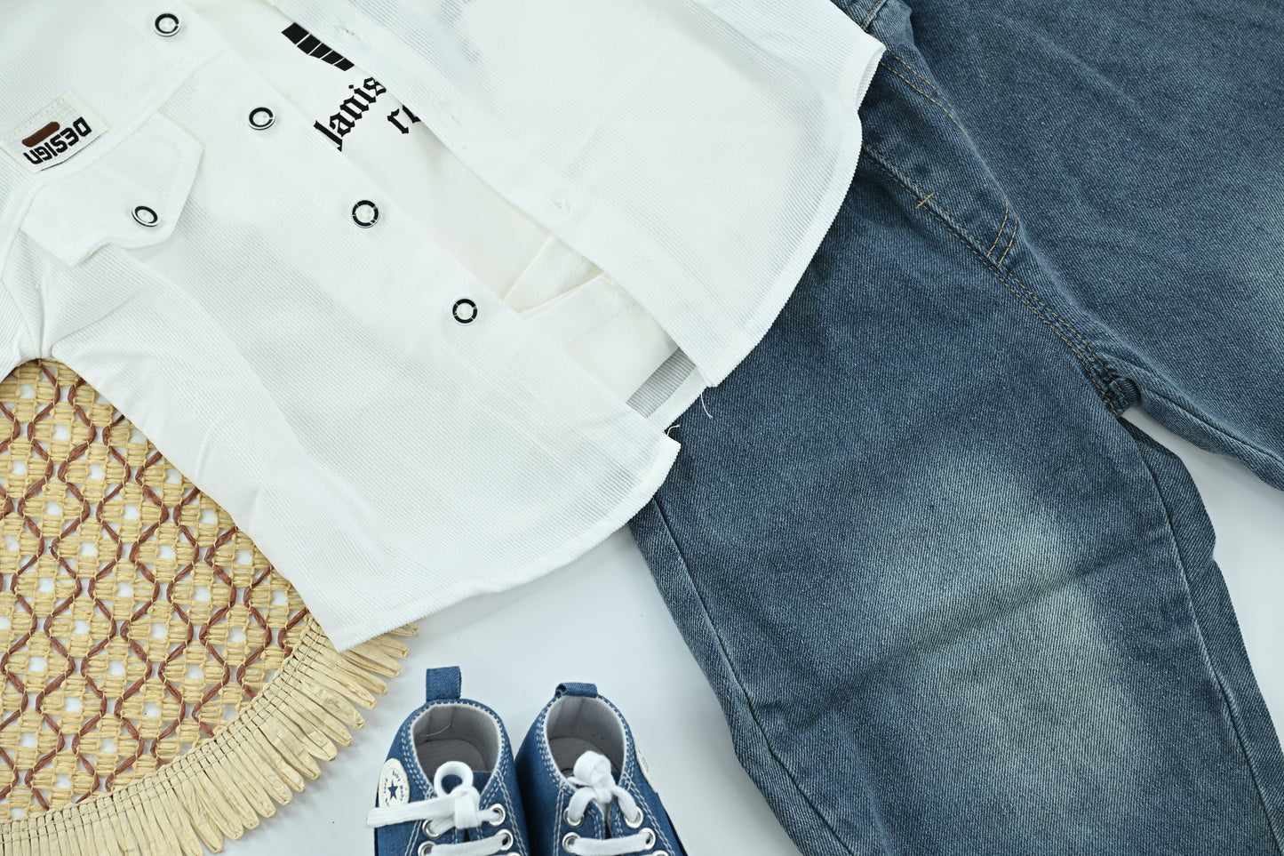 Classic Boys White Jacket 3 Piece Outfit Set | Cotton T-Shirt | Denim Pants