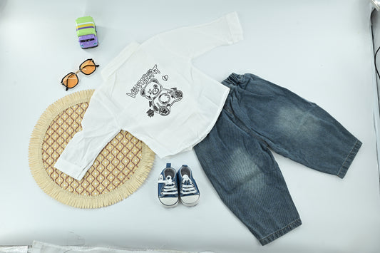 Classic Boys White Jacket 3 Piece Outfit Set | Cotton T-Shirt | Denim Pants