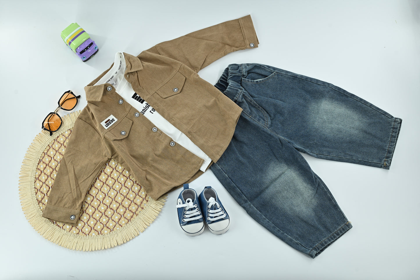 Classic Boys White Jacket 3 Piece Outfit Set | Cotton T-Shirt | Denim Pants