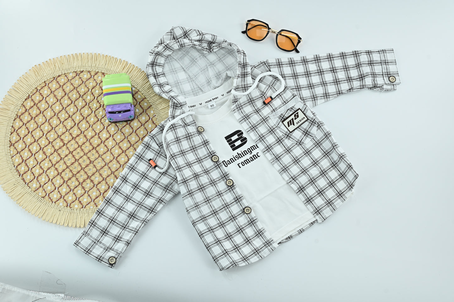 Trendy Boys White Plaid Hooded Jacket with Cotton T-Shirt | 2 Piece Outfit