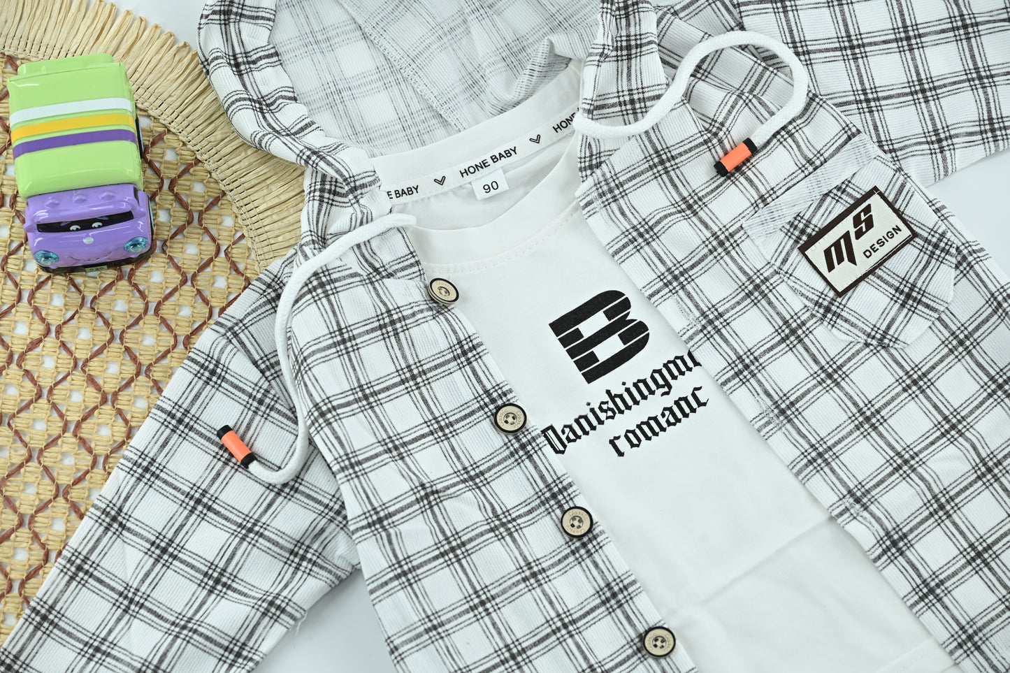 Trendy Boys White Plaid Hooded Jacket with Cotton T-Shirt | 2 Piece Outfit