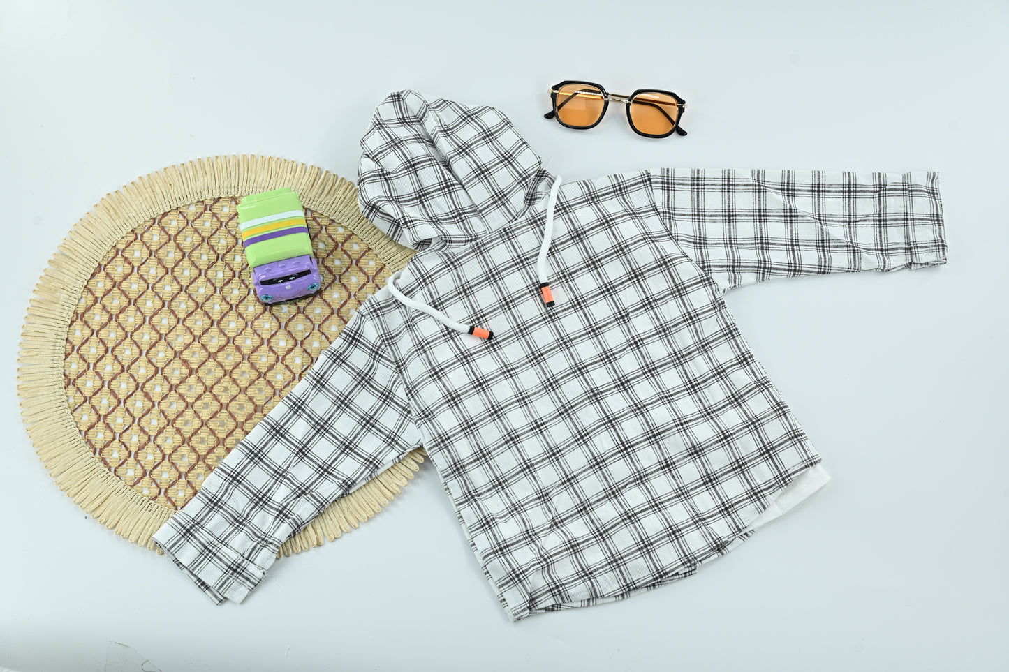 Trendy Boys White Plaid Hooded Jacket with Cotton T-Shirt | 2 Piece Outfit