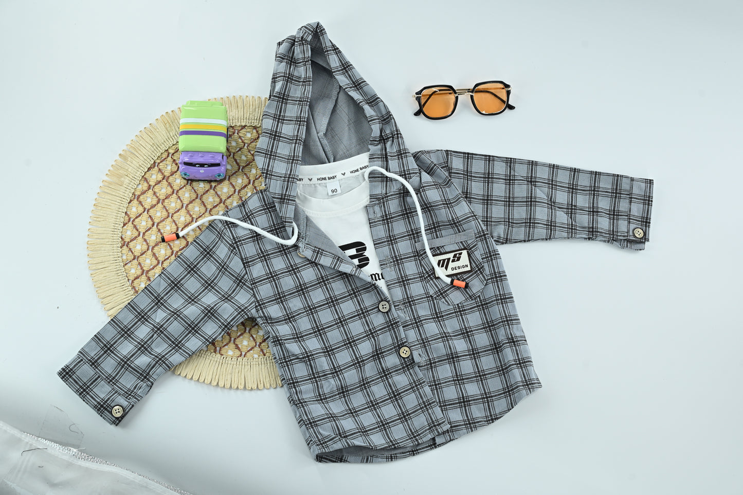 Trendy Boys Grey Plaid Hooded Jacket with Cotton T-Shirt | 2 Piece Outfit