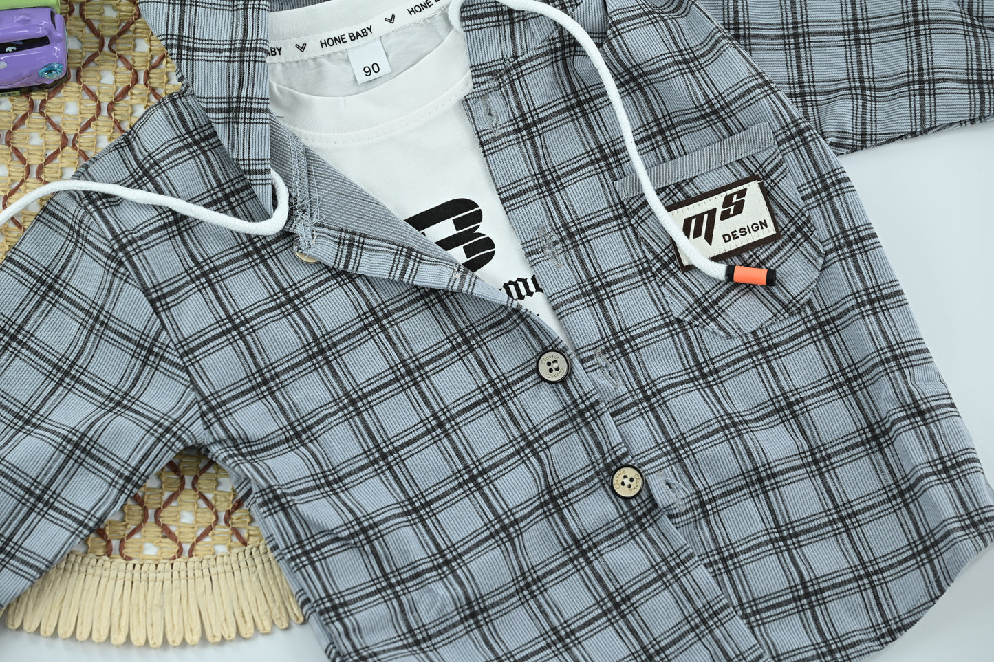 Trendy Boys Grey Plaid Hooded Jacket with Cotton T-Shirt | 2 Piece Outfit