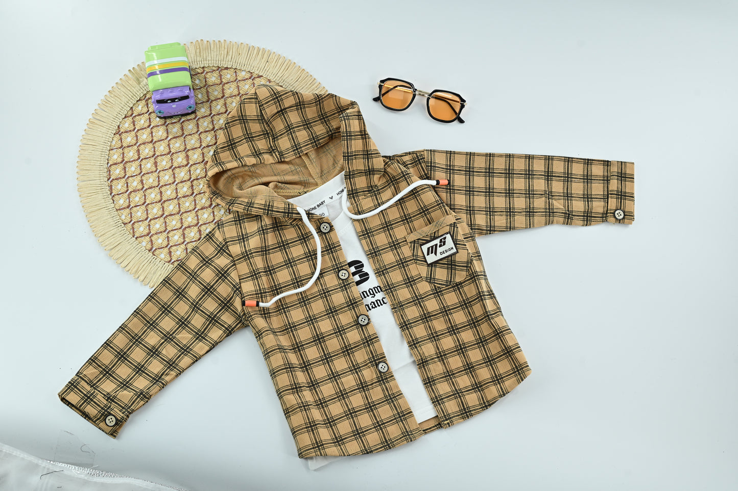 Stylish Boys Brown Plaid Hooded Jacket with Cotton T-Shirt | 2 Piece Outfit