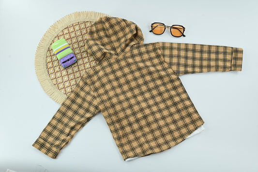 Stylish Boys Brown Plaid Hooded Jacket with Cotton T-Shirt | 2 Piece Outfit