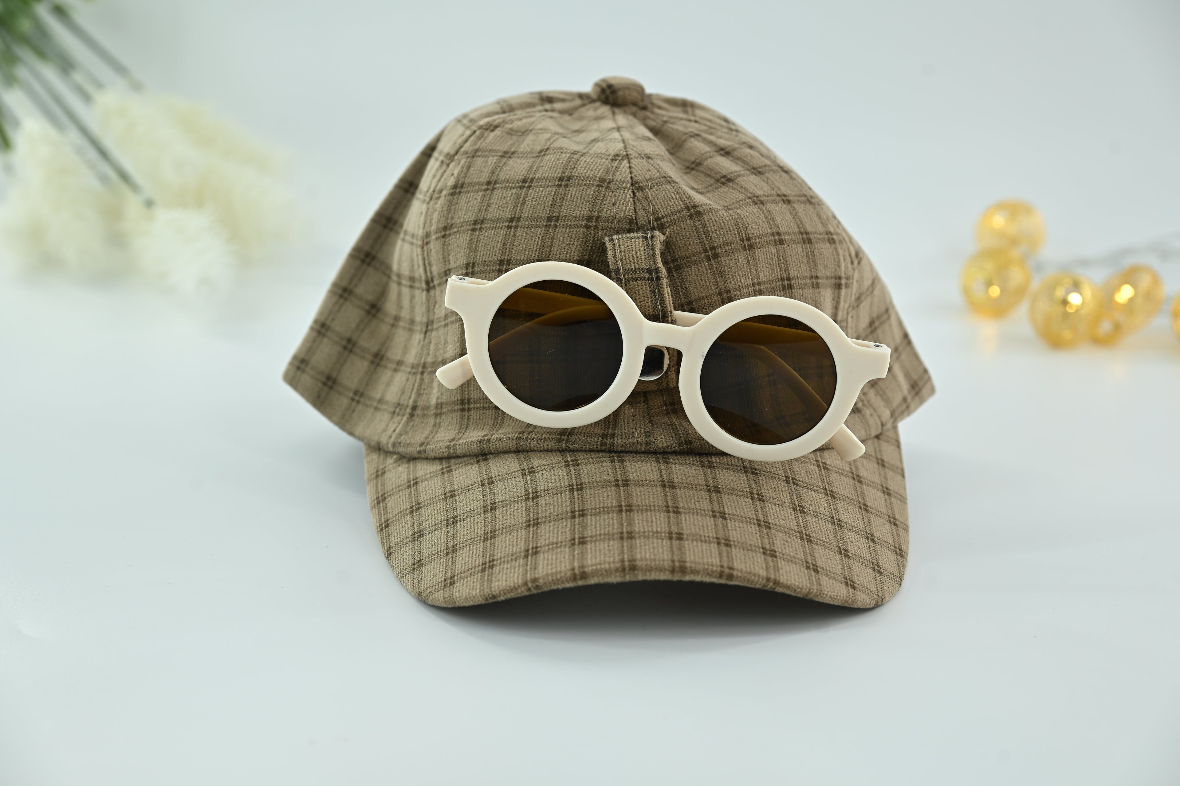 Classic Brown  Check Kids Cap with Round Sunglasses – 2 Piece Set