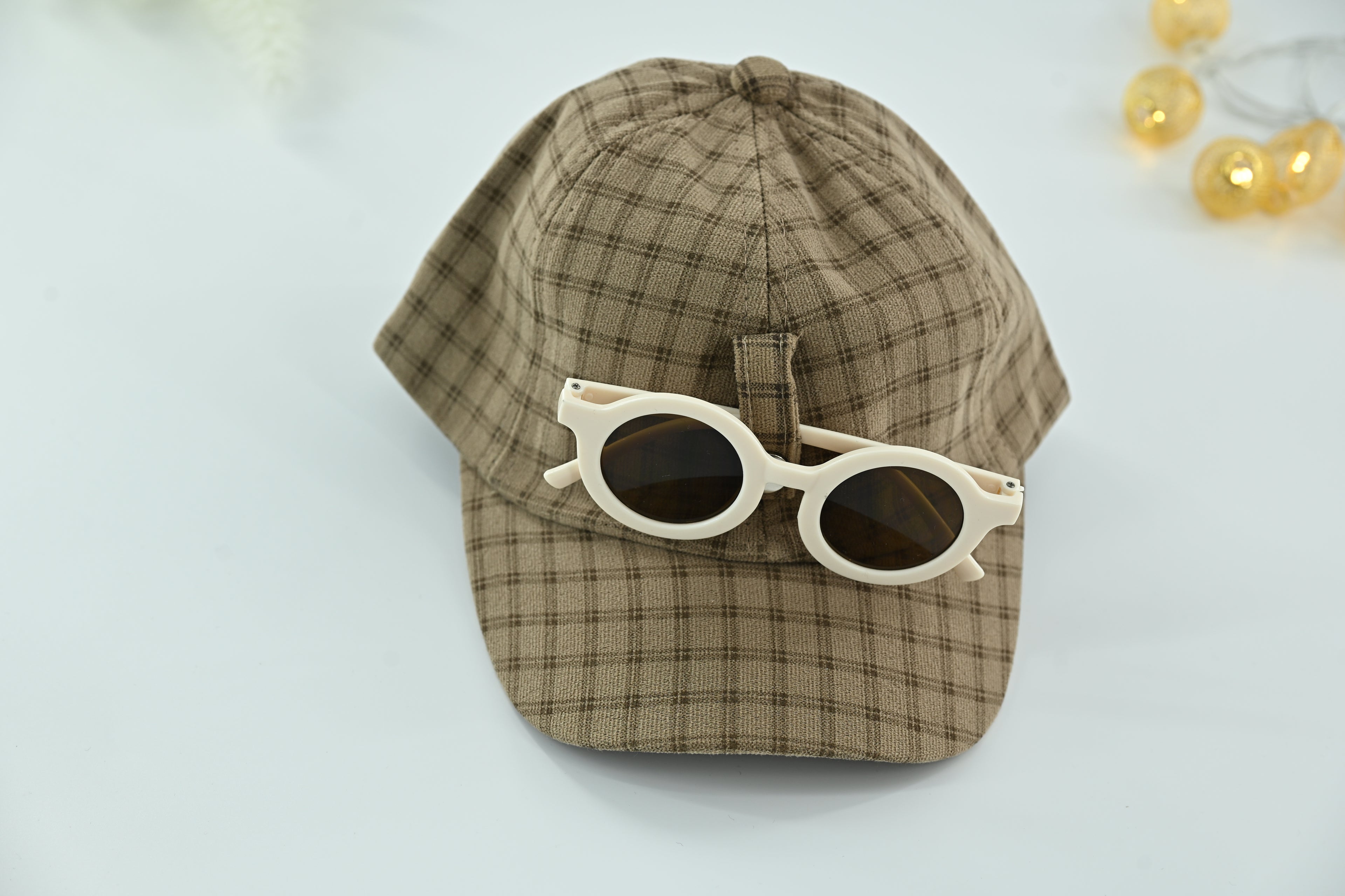 Classic Brown  Check Kids Cap with Round Sunglasses – 2 Piece Set