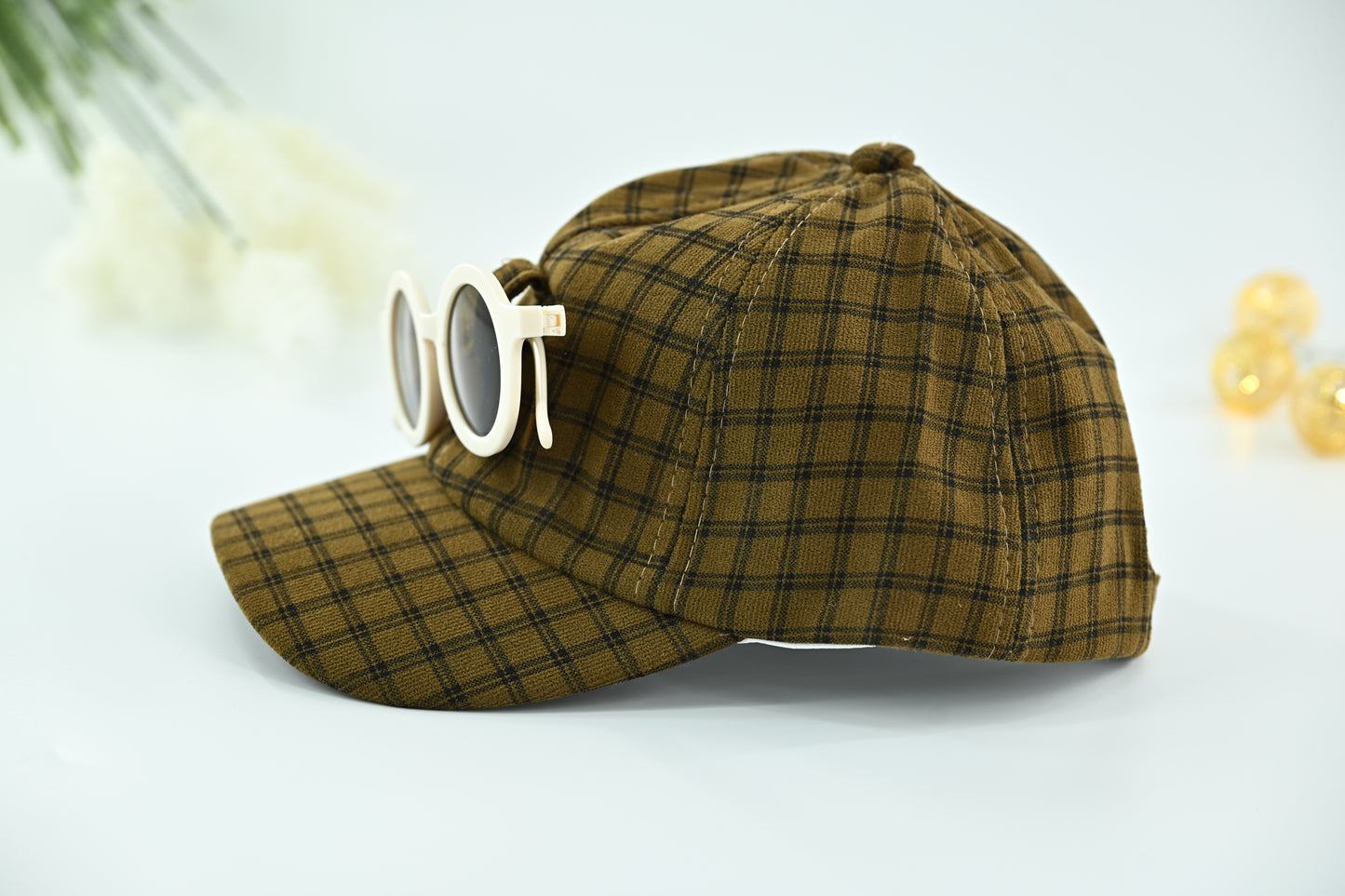 Classic Green  Check Kids Cap with Round Sunglasses – 2 Piece Set
