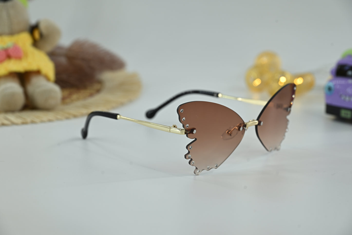 Kids Butterfly  shape Rhinestone Brown Sunglasses