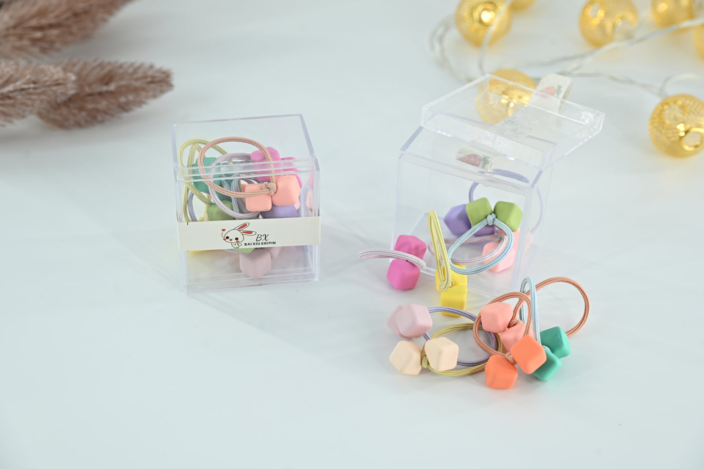 Pastel Cube Bead Hair Ties Set