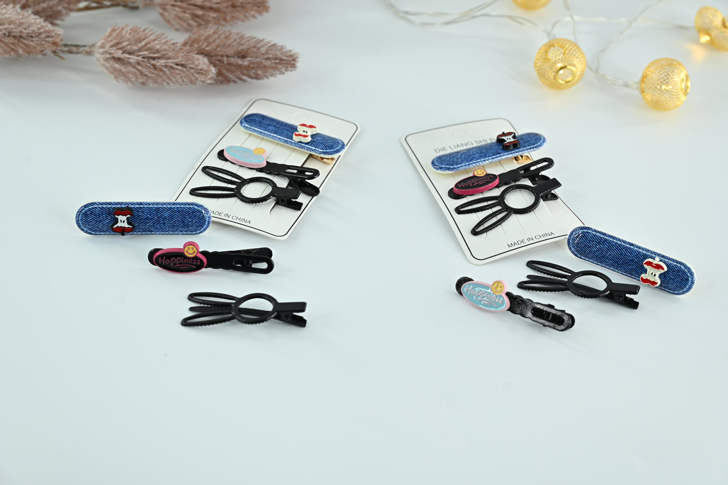 Denim Vibes & Bunny Ears Hair Clip Set 3 pieces in one pack
