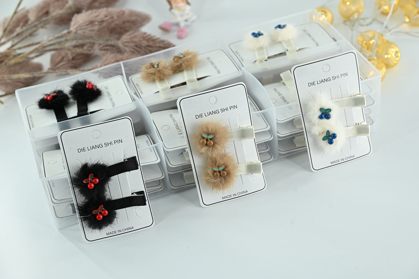 Furry Pom-Pom Cherry Alligator Clips (2-Pieces)