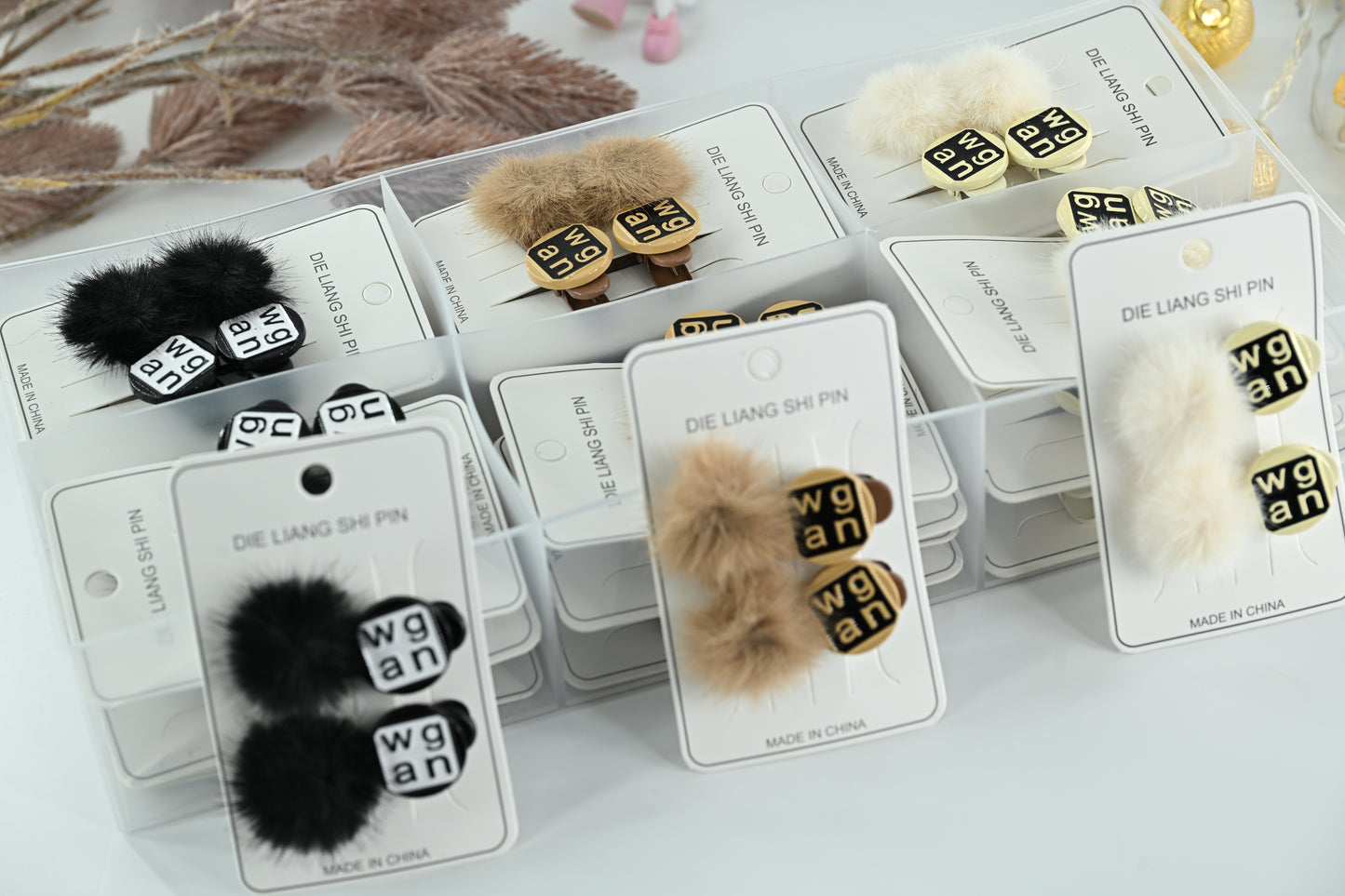 Furry Pom-Pom & Gold Letter Charm Alligator Clips (2-Pieces)