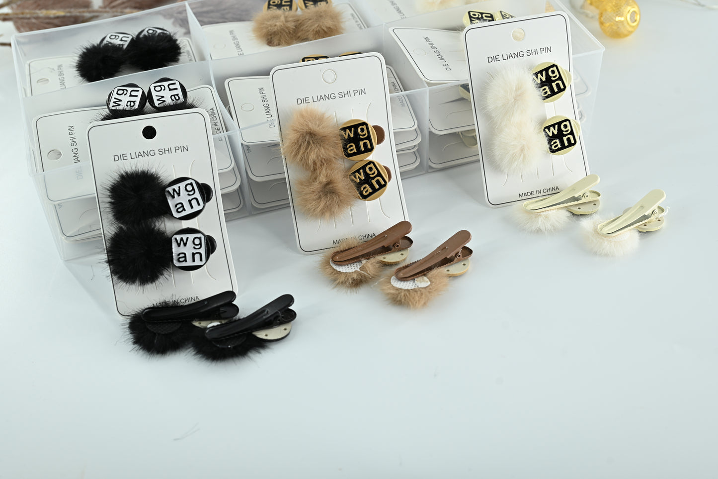 Furry Pom-Pom & Gold Letter Charm Alligator Clips (2-Pieces)