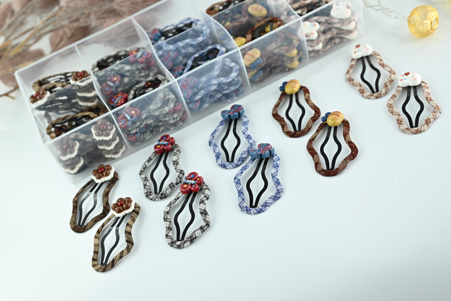 Geometric Plaid & Resin Charm Snap Clips