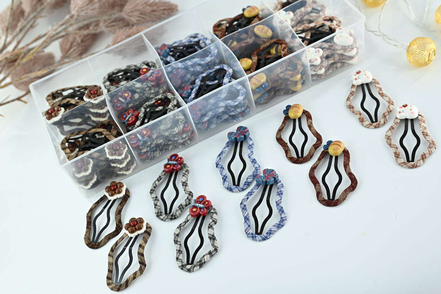 Geometric Plaid & Resin Charm Snap Clips