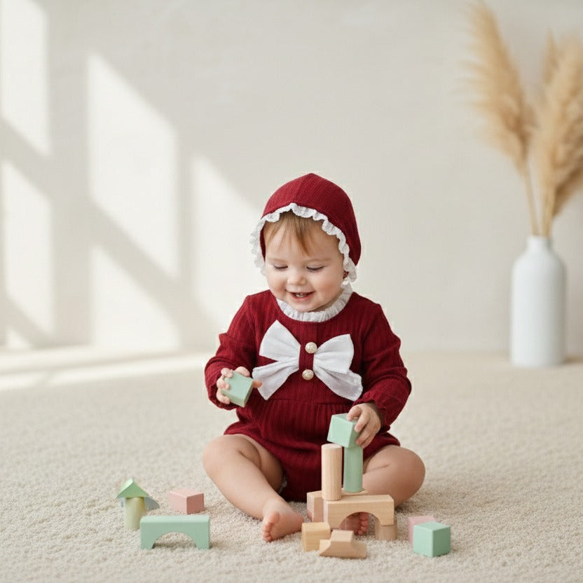 Ruby Pearl Bow Ribbed Baby Romper Set