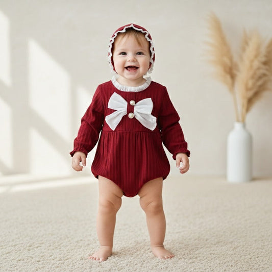 Ruby Pearl Bow Ribbed Baby Romper Set