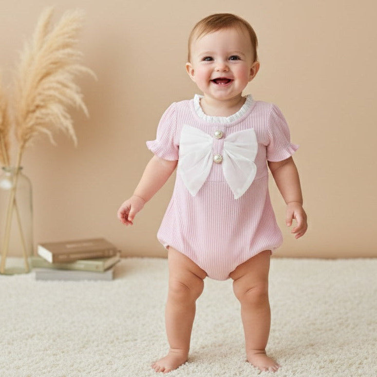 Baby Girl Pink Ribbed Cotton Romper Summer