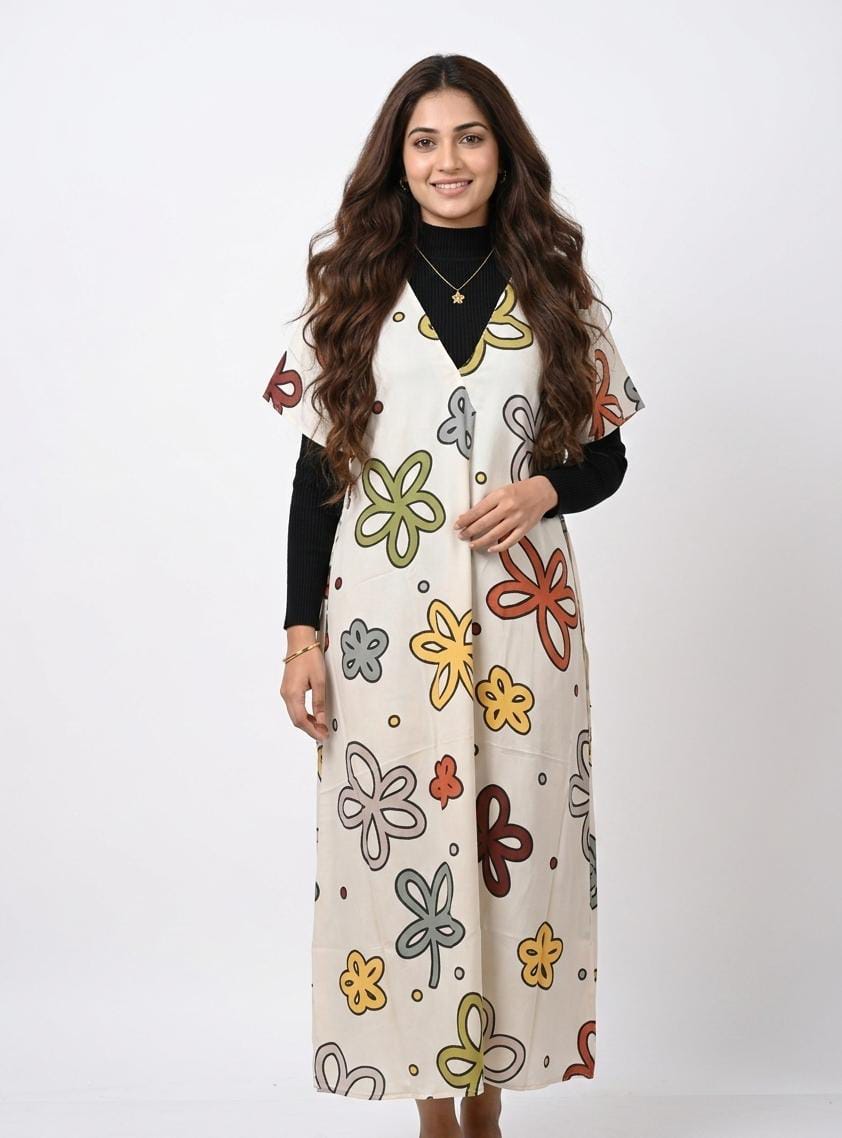 Elegant Cream Floral Print Maxi Dress with Stretchable Inner | Free Size | 2 Piece Set