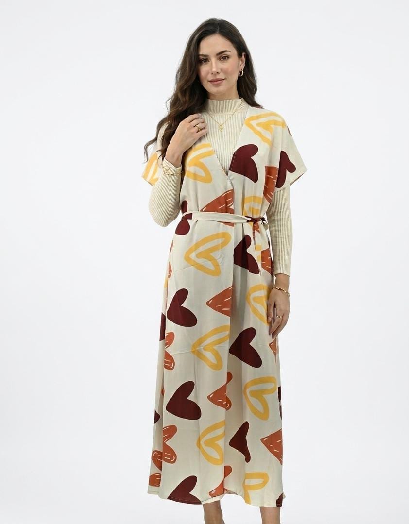 Elegant Heart Print Maxi Dress with Belt | Free Size | 2 Piece with Stretchable Inner