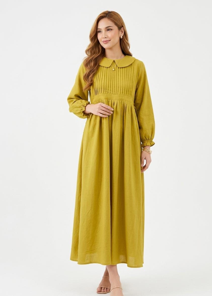 Elegant Mustard Pleated Maxi Dress | Free Size