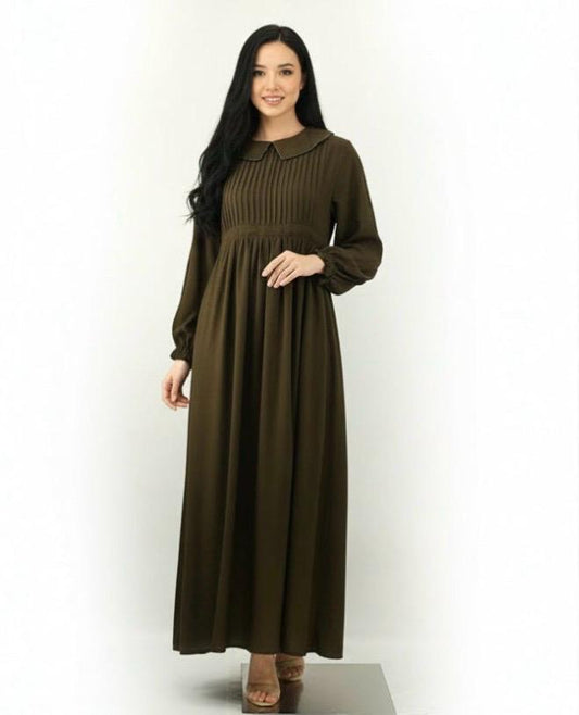 Elegant Mustard Pleated Maxi Dress | Free Size