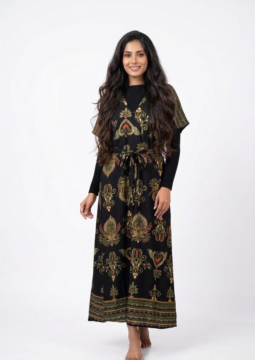 Elegant Ivory Floral Printed Maxi Dress with Waist Tie | Free Size | 2 Piece Set