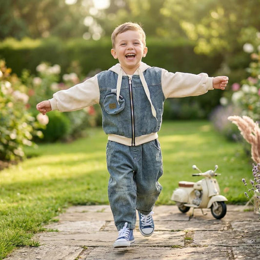 Kids Hoodie & Denim Pants Outfit Set – Beige
