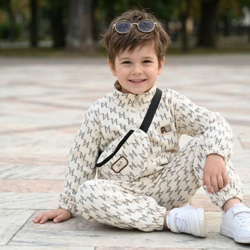 Kids White Triangular Pattern Dress with Matching Side Bag