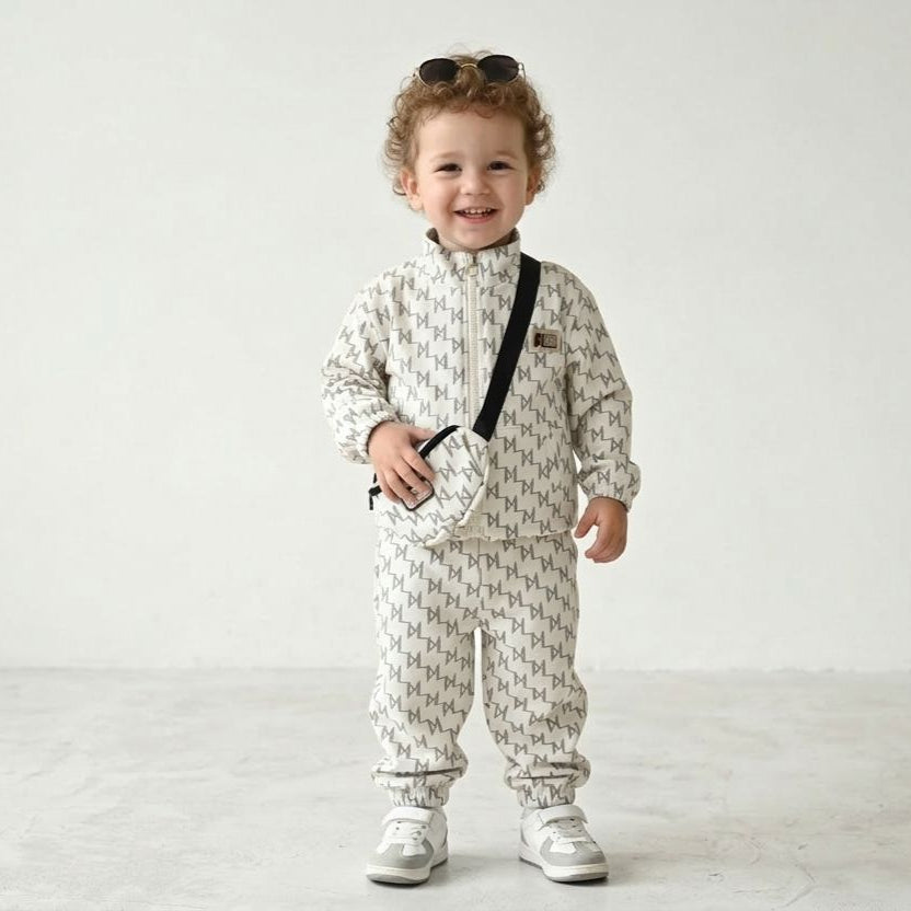 Kids White Triangular Pattern Dress with Matching Side Bag