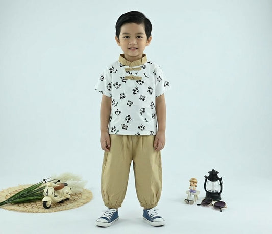 Boys Panda Print White T-Shirt with Beige Pants – 2-Piece Outfit Set