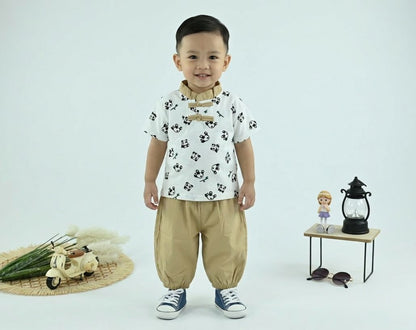 Boys Panda Print White T-Shirt with Beige Pants – 2-Piece Outfit Set