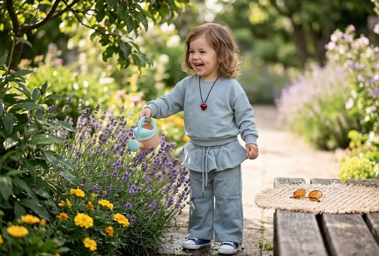 Girls Bluish Grey Ribbed Fabric Co-ord Set with Cute Heart Chain