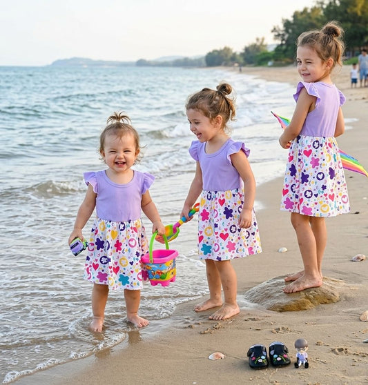 Cute Baby Girls Purple Heart & Flower Print Dress | Ruffle Sleeve Summer Dress