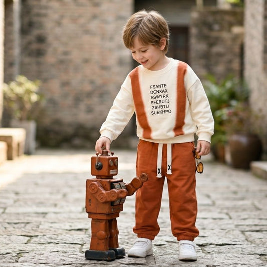 Cream & Rust Orange Kids Sweatshirt and Jogger Set | Comfortable 2-Piece Outfit