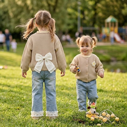 Baby Girl Bow Knit Cream & Brown Top and Pants 3-Piece Set