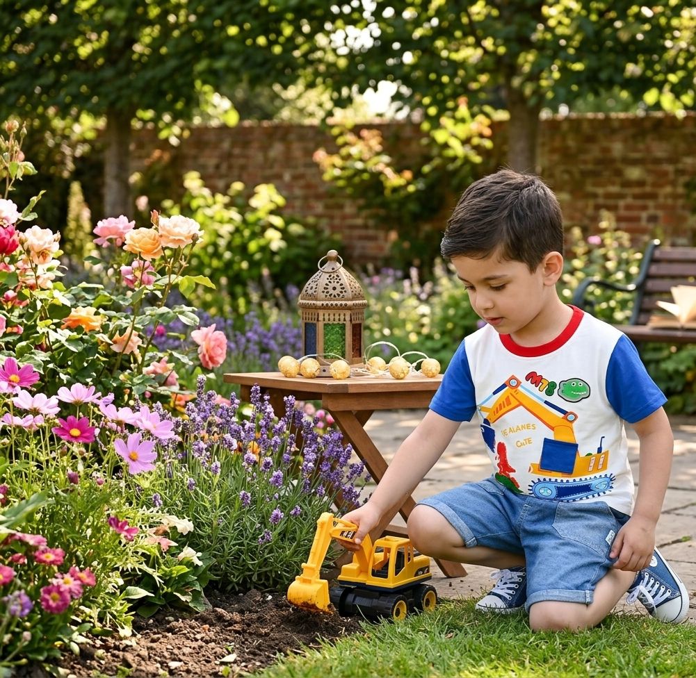 Boys Excavator Dino Graphic T-Shirt & Denim Shorts Set